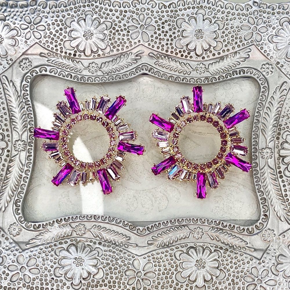GOLD MAGENTA FUCHSIA RHINESTONE SUNBURST STARBURST CRYSTAL BAGUETTE ROUND BEGUM